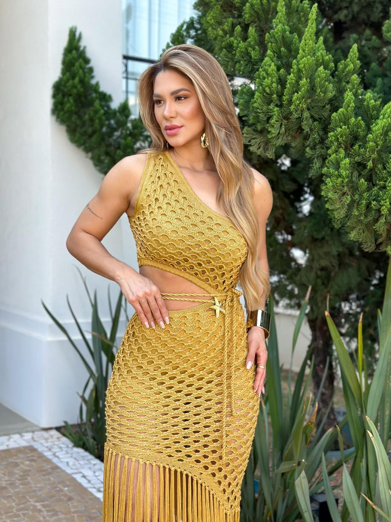 Vestido Ariadne om Franjas e Recortes Laterais em Rayon - Cor: Dourado