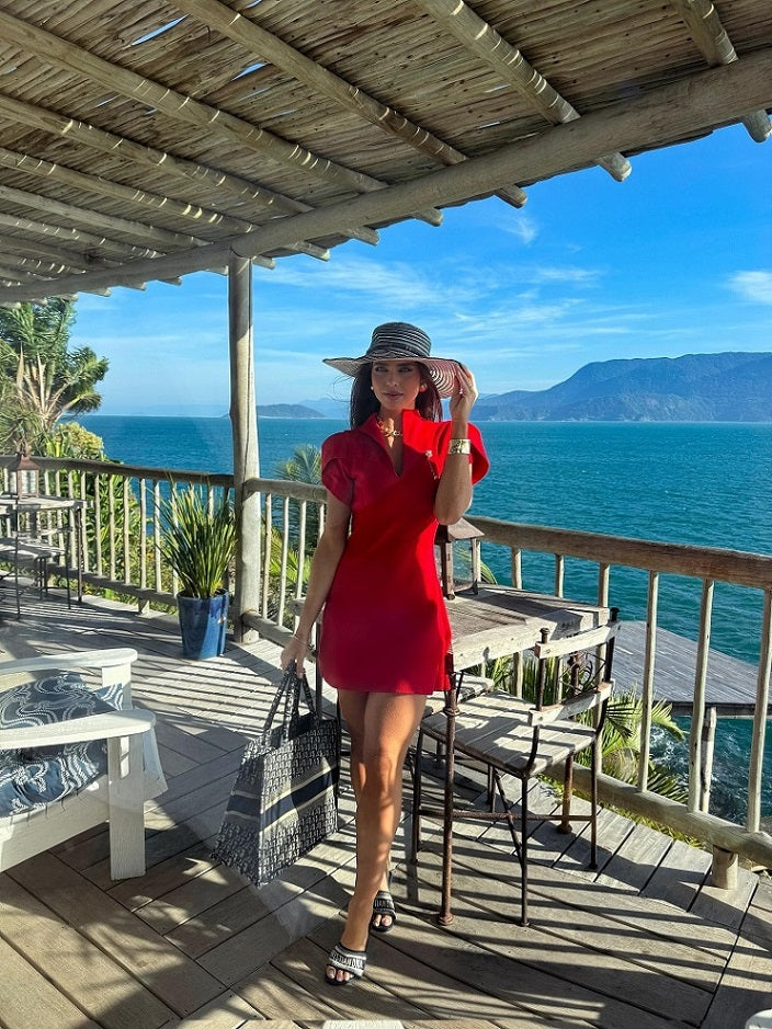 Vestido Curto Raphaelli em Modal com Toque de Cashmere e Laço nas Costas - Manga Estruturada - Cor: Vermelho