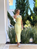 Vestido Leiliane Midi em Modal Fredoo com Detalhe Dourado no Busto - Cor: Amarelo Manteiga